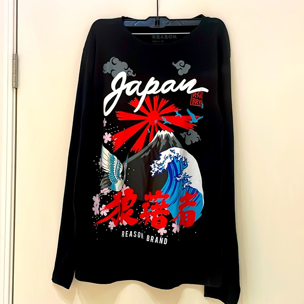 Reason Brand Japan Graphic Long Sleeve Shirt Black Mount Fuji Great Wave Medium